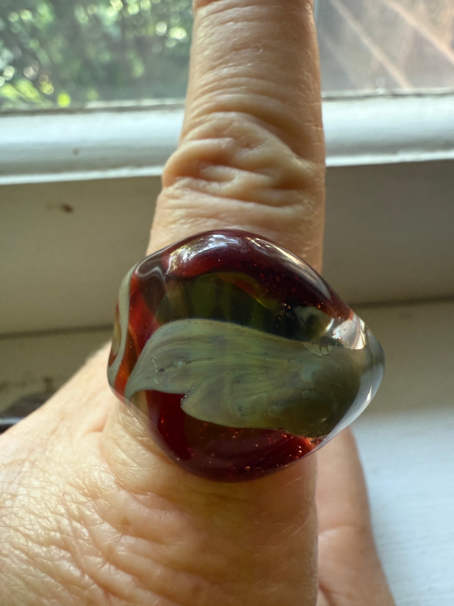 Thick Bulky Red and Blue swirl Glass Ring 107